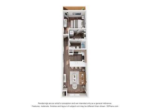 Floor plan for 1 bed, 1 bath, 648 sqft